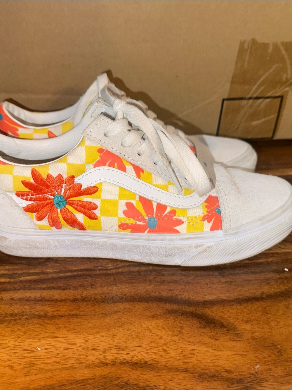 Womens White Sneakers with Yellow Check and Orange Floral Print